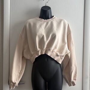 Zara Women's Beige Cropped Pleated Flirty Crewneck Sweatshirt SZ M
